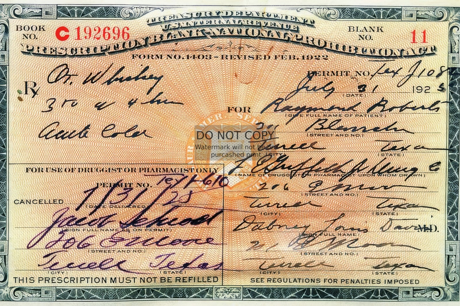 PROHIBITION WHISKEY LIQOUR PRESCRIPTION MEDICINAL 1925 4X6 PHOTO