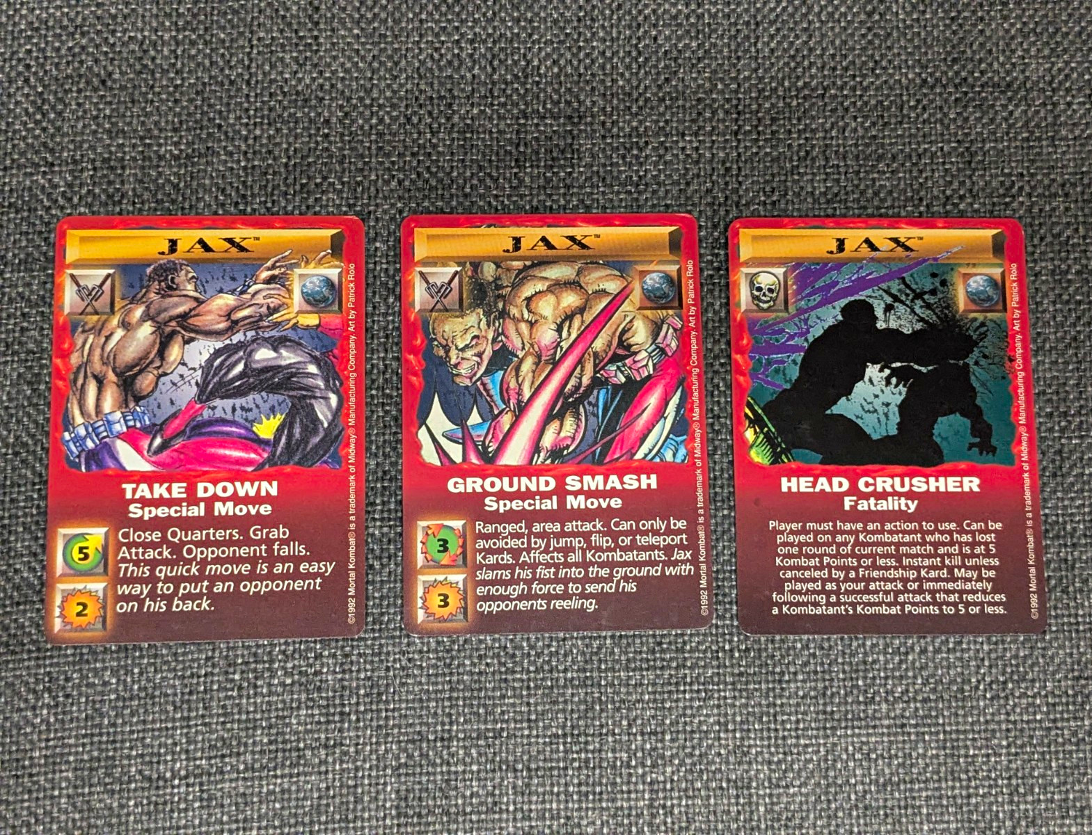 Vintage 1992 Mortal Kombat Jax Trading Card Lot (3) Take Down, Ground Smash, Etc