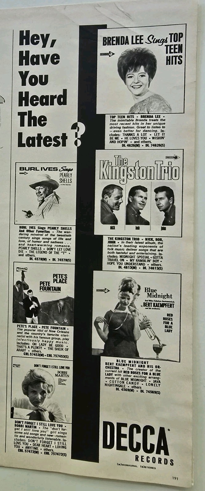1965 Decca Records Brenda Lee Kingston Trio Burl Ives Vintage Ad  
