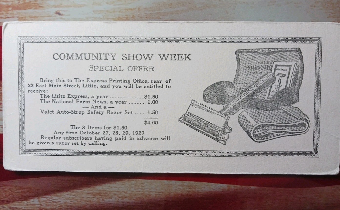 VINTAGE large Ink Blotter 1927 Express Printing Office Lititz PA Valet Razor Pic