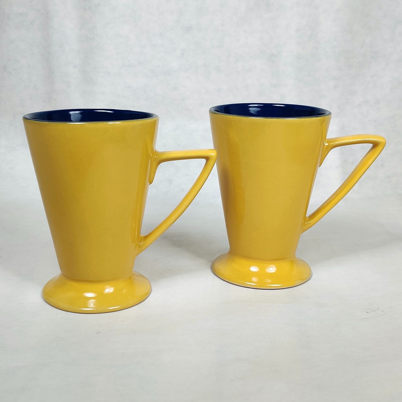 Vintage MCM Footed Mug Set of 2 Ceramic Yellow Blue Mod Triangular Shape Handle
