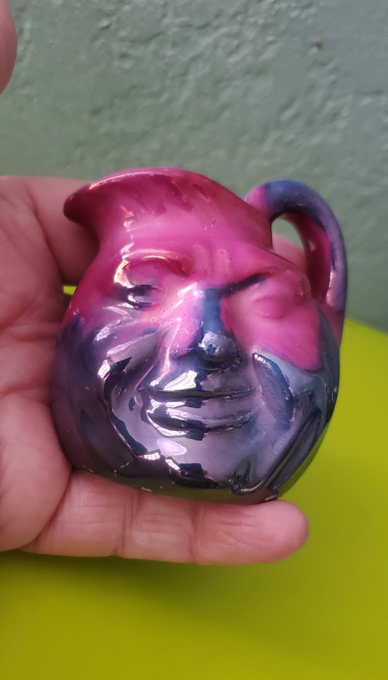 VTG MC Weird Unusual Mini Purple/Pink Glazed  Face Pitcher John Barleycorn Style