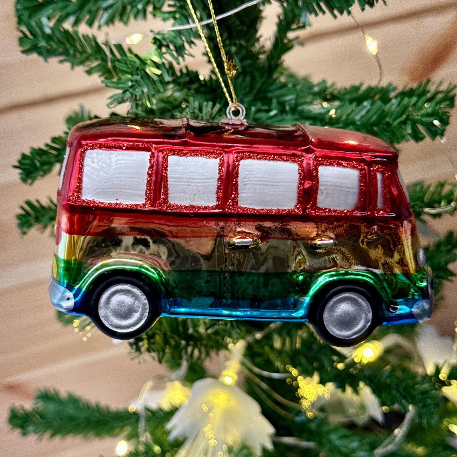 Rainbow Pride Mini Van Glass Christmas Tree Ornament