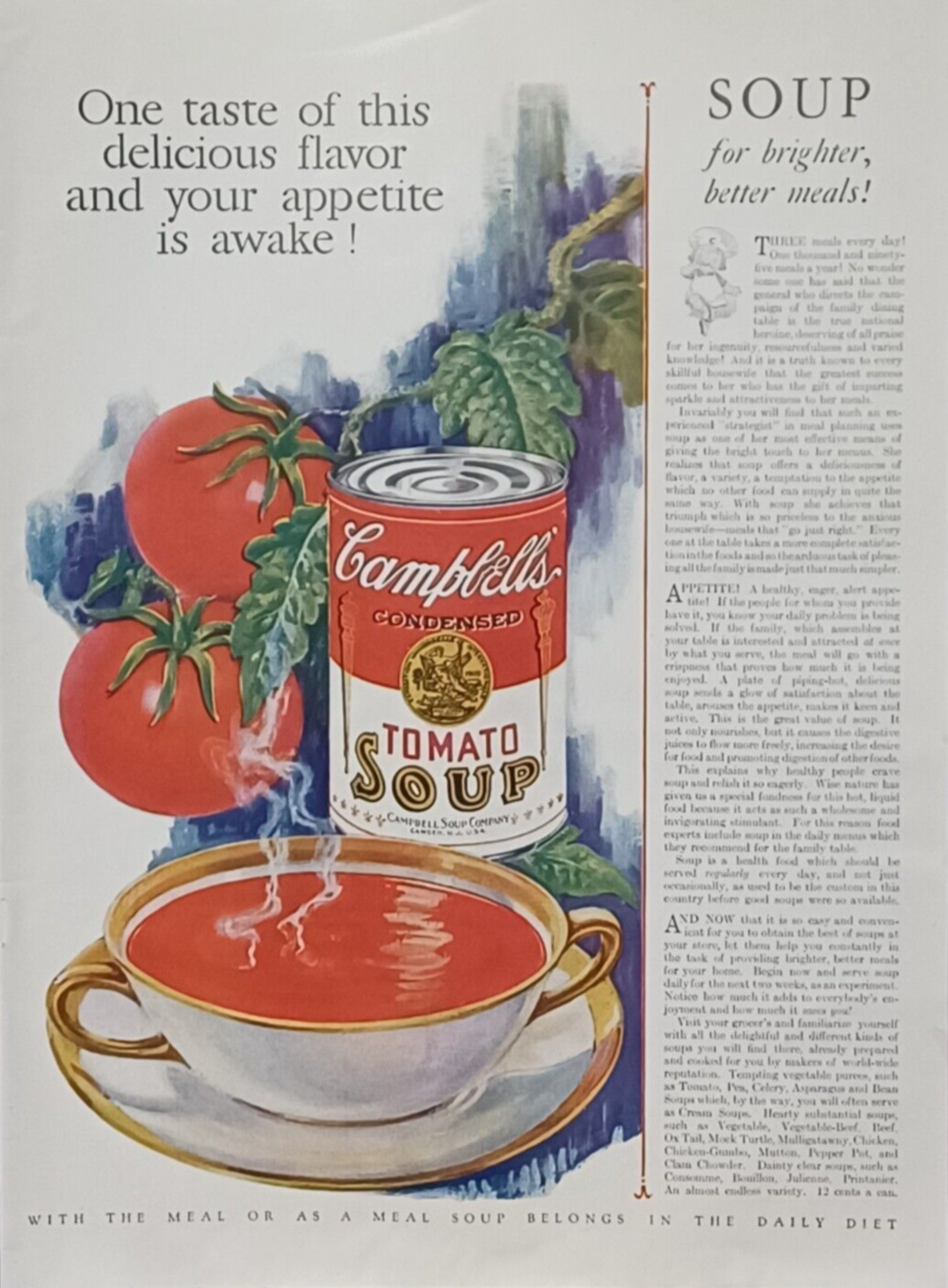 1927 Campbell\'s Tomato Soup Vintage Print Ad 1920s Appetitle Awaken w/ One Taste