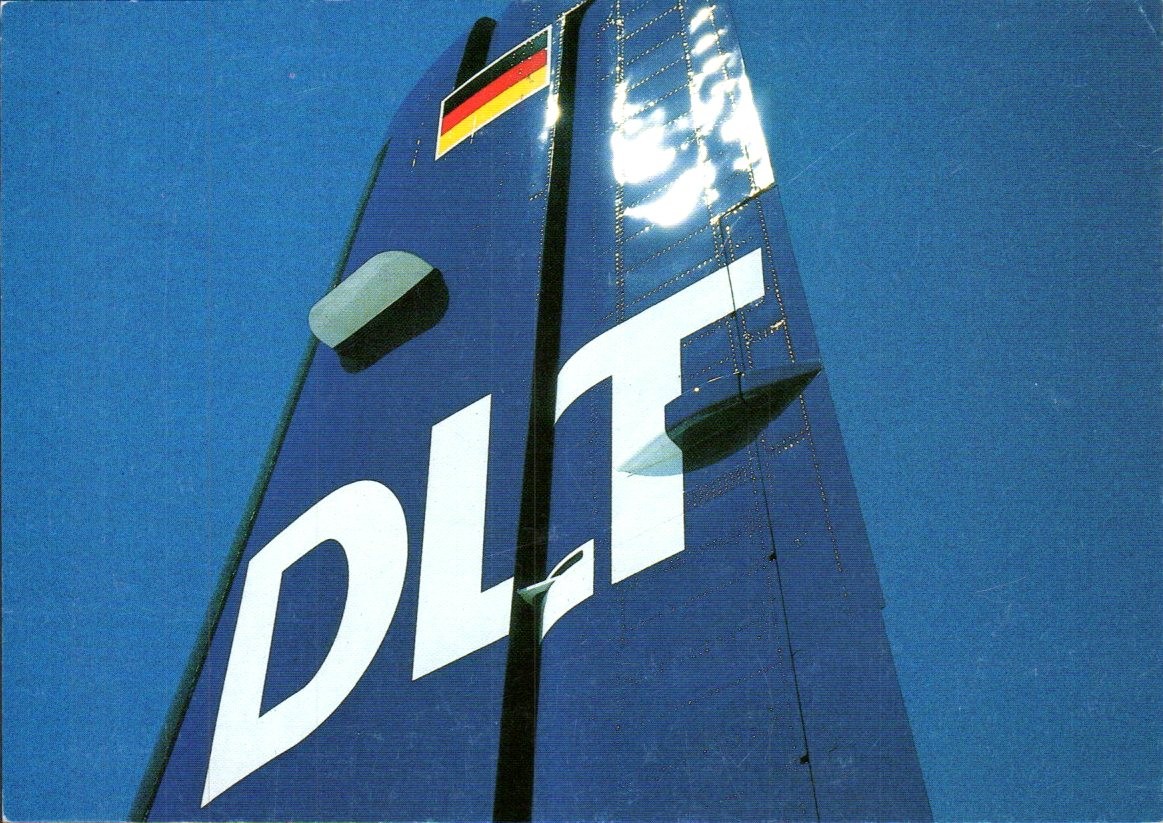 DLT Partner der Lufthansa Fokker 50 Tail Fin - German Airline Postcard - c1988