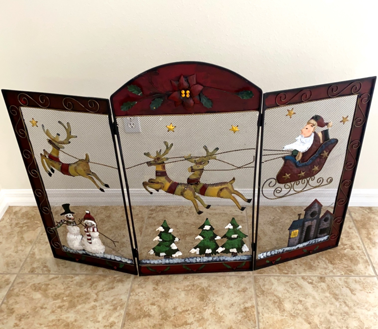VTG Christmas Fireplace Screen Trifold Metal Santa Claus Reindeer Snowmen 48x32