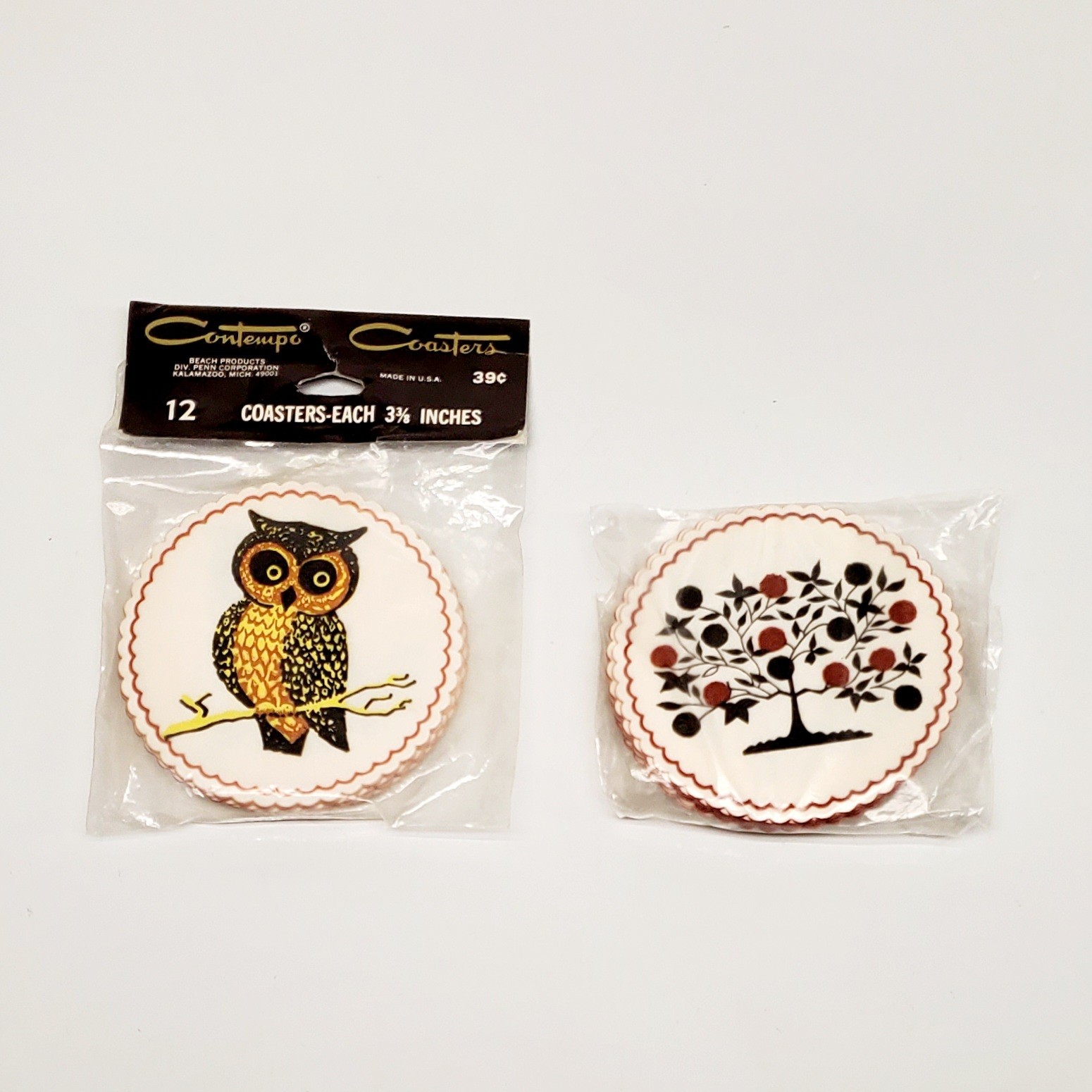Vintage Contempo Coasters Mid Century MCM Decorative 12ct Owl & 8ct Orange Tree