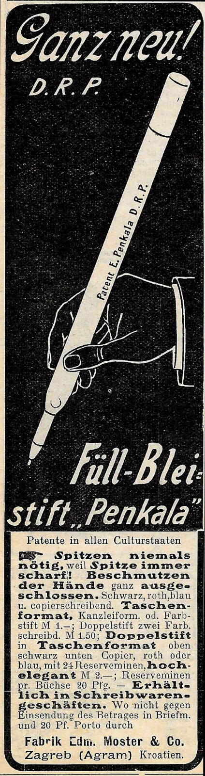 Advertising/Advertising 1907: FILL PENCIL PENKALA / MOSTER - ZAGREB (AGRAM) CROATIA