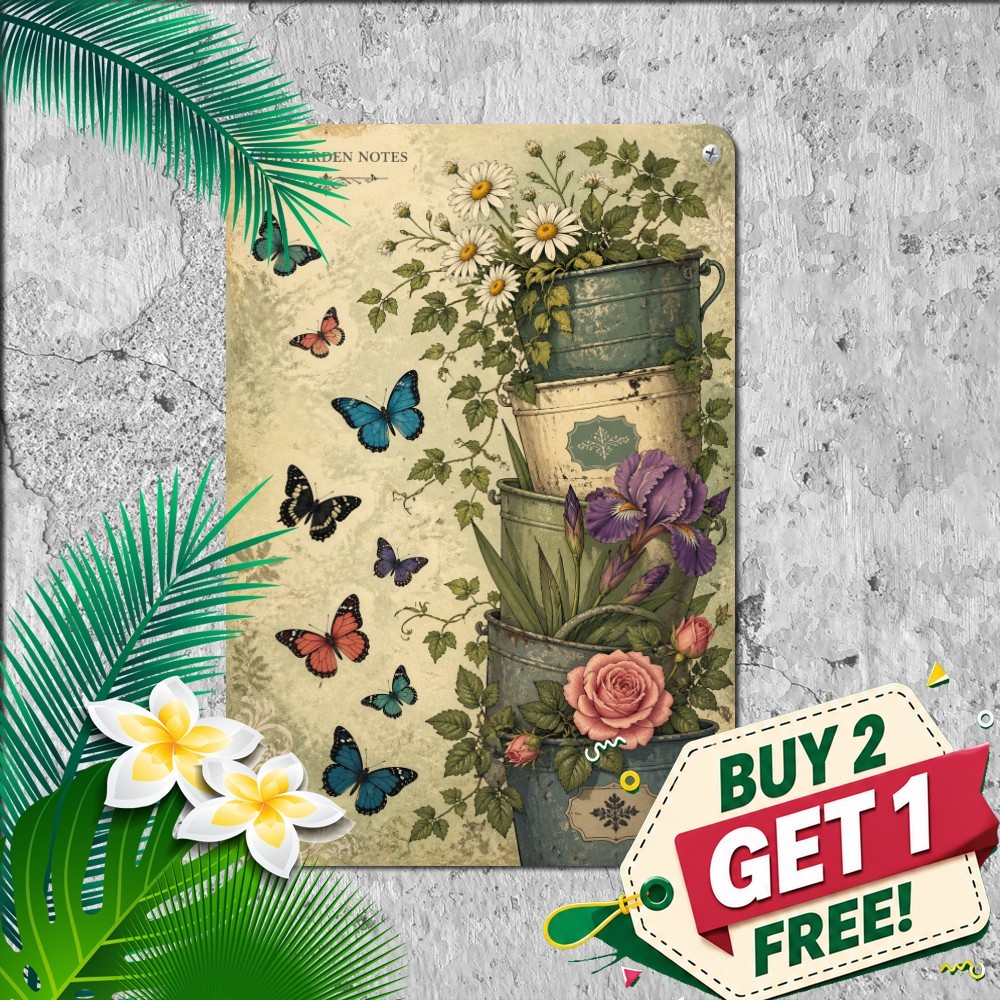 vintage floral butterfly illustration poster stacked rustic buckets