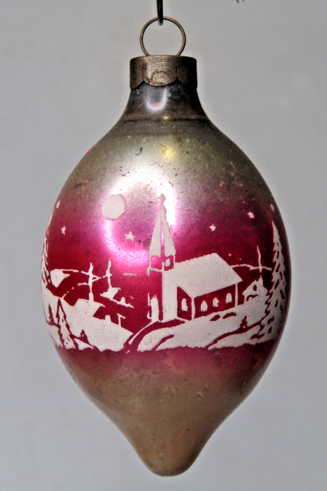 VTG pre WWII Glass Pictured SILENT NIGHT CHURCH DROP Christmas Ornament Shiny Br
