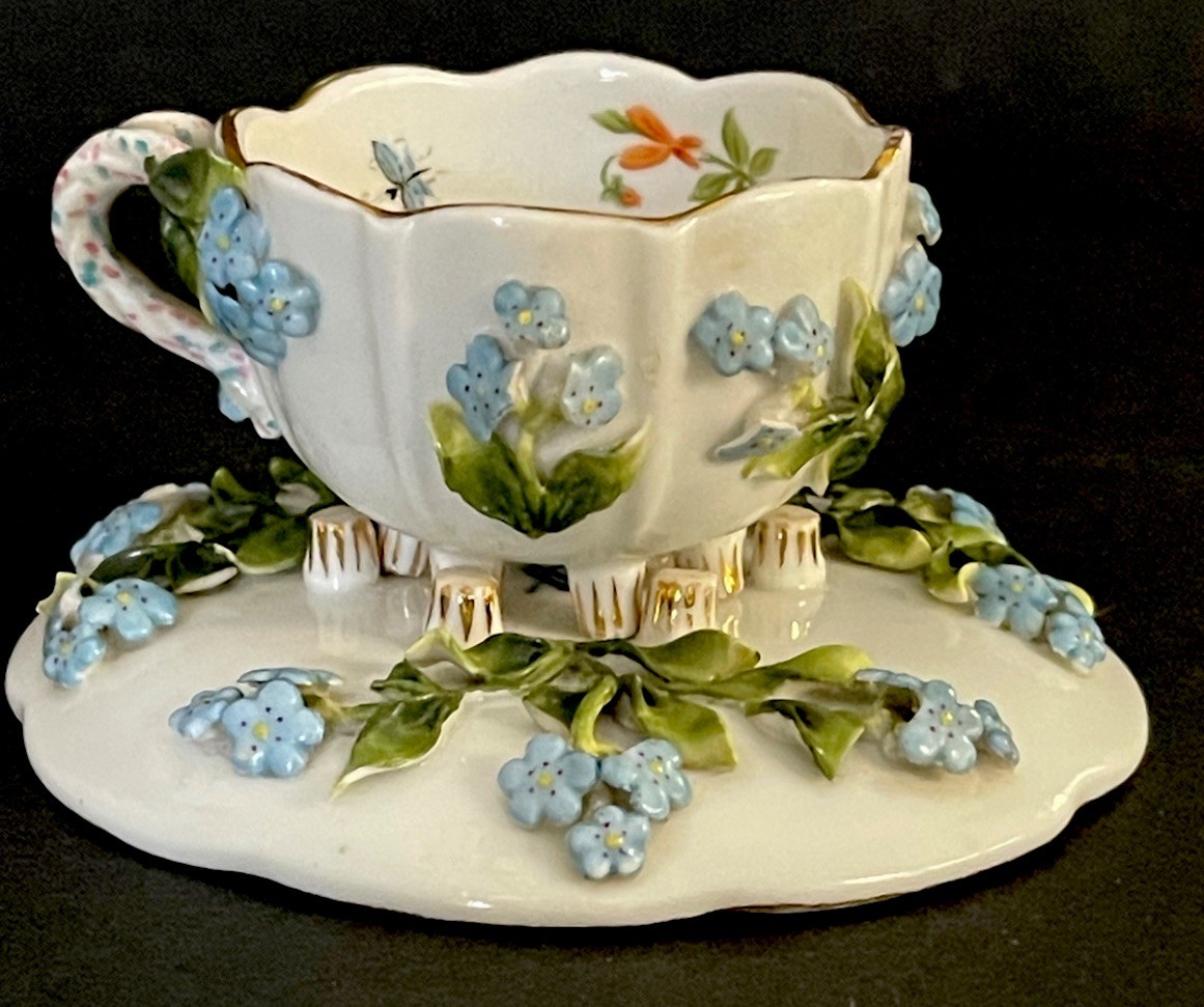 Antique Sitzendorf Cup & Saucer Applied Forget-Me-Not Flowers 3D Germany c1890s
