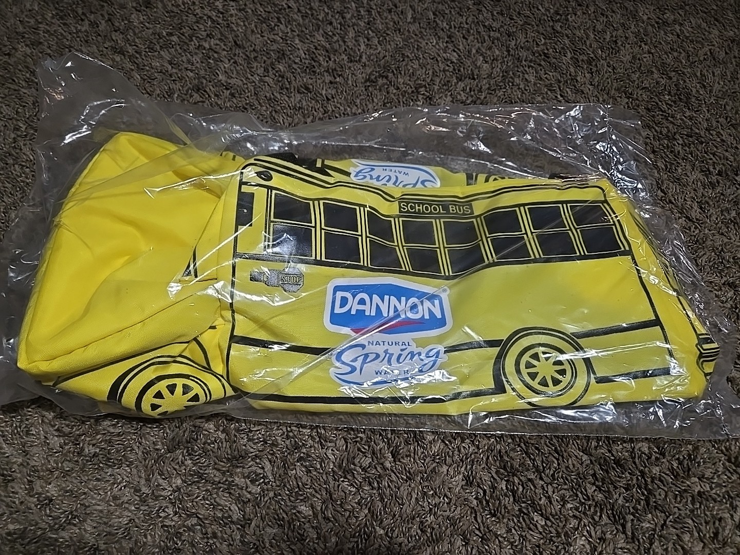 Vtg New Dannon Water Promo Yellow School Bus Shaped Tote Duffle Bag - 18