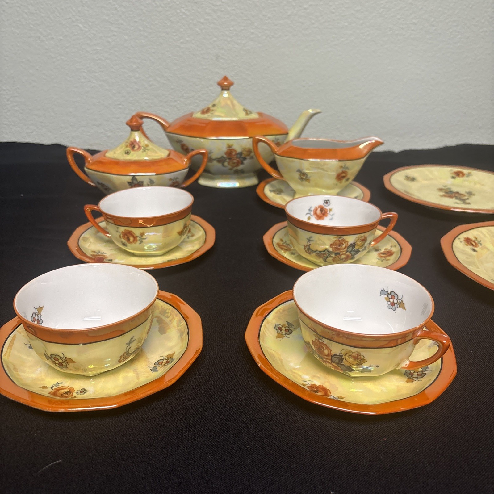 Beautiful Vintage Buyer & Bock German Made Orange And Yellow Fall Roses Tea Set