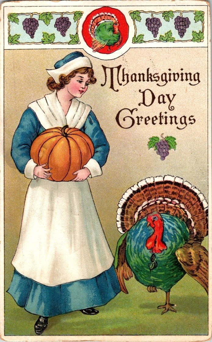 1910 Thanksgiving Pilgrim Girl Pumpkin Turkey Greene ME Postcard