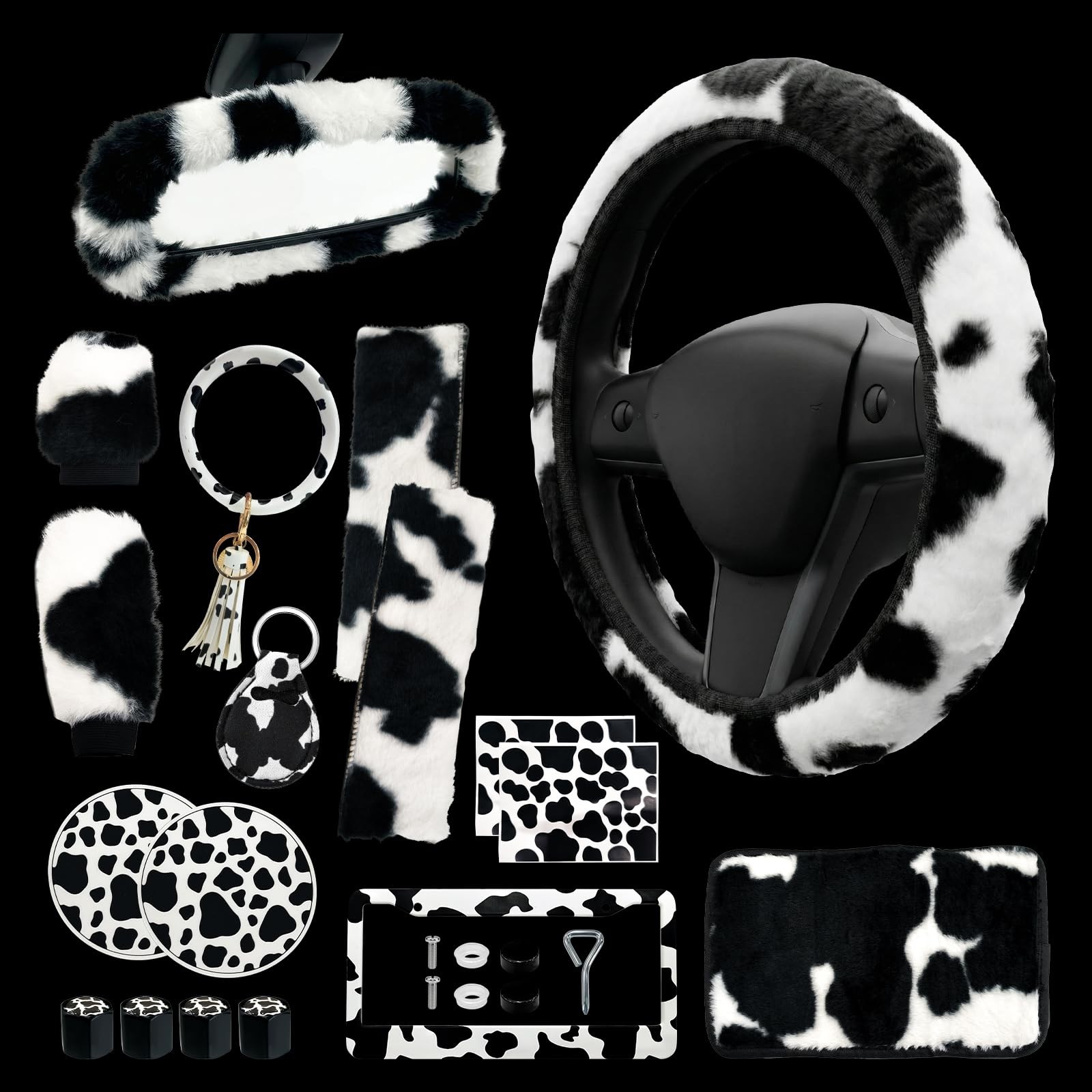18 Pcs Cow Print Car Accessories Set Interior - Fluffy Steering Wheel Cover, ...