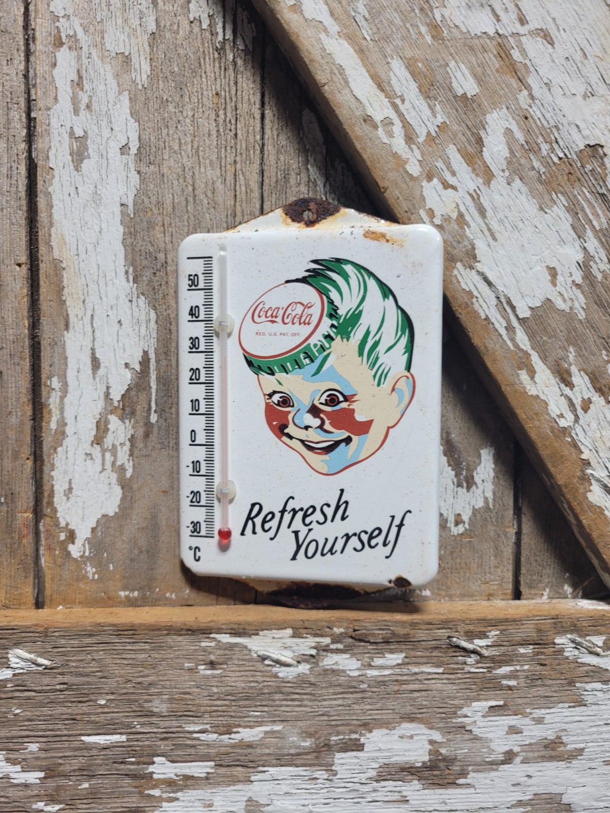 VINTAGE COCA COLA PORCELAIN SIGN BEVERAGE THERMOMETER SODA COKE BOTTLE CAP BOY