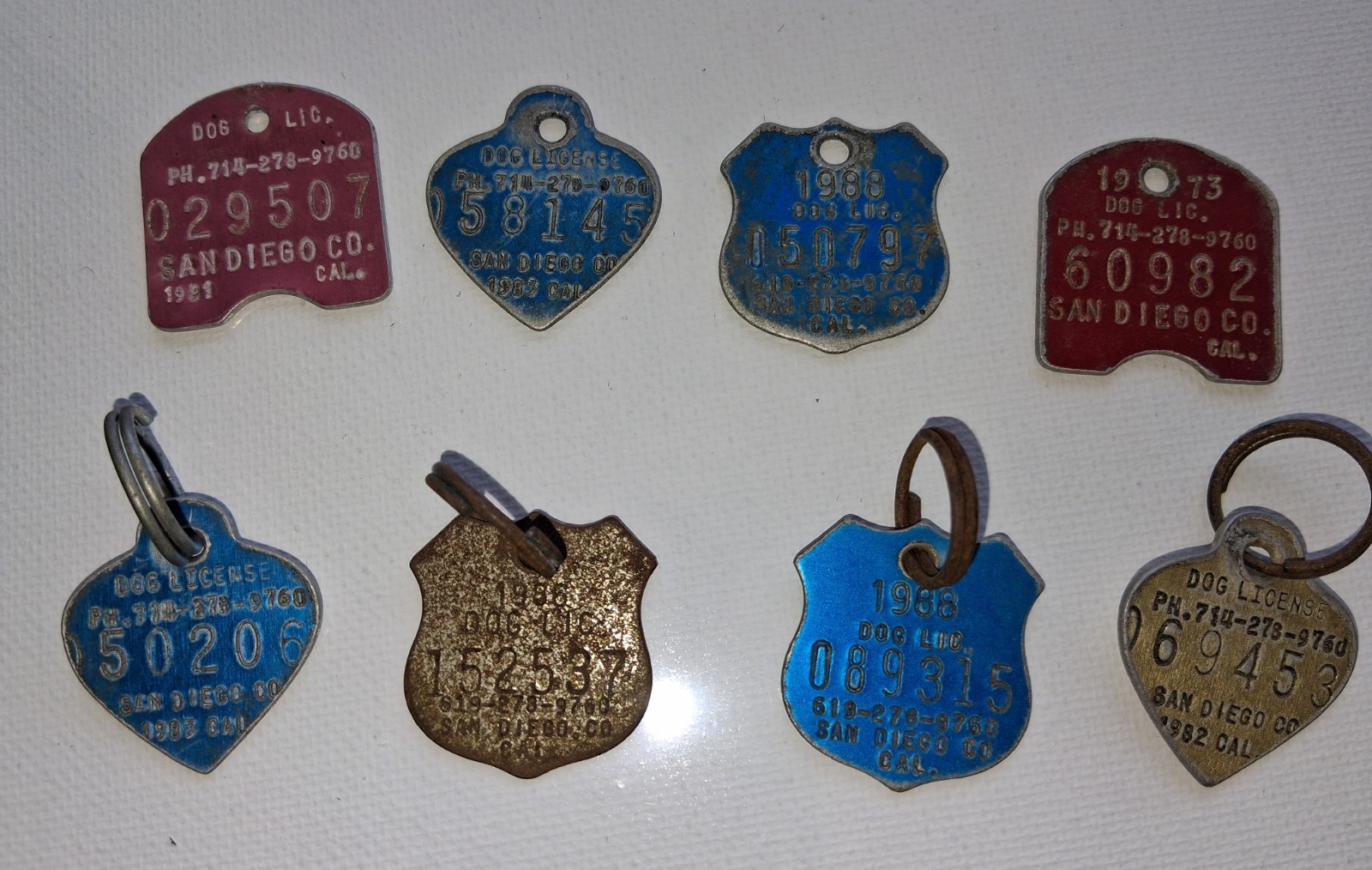 Vtg 1970s 1980s San Diego County Dogtags Tax License Dog Tag 1973-88 Lot of 8