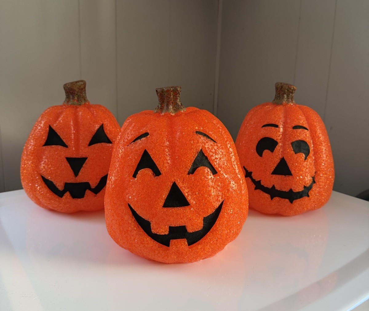 (3) VTG Melted Plastic Popcorn Pumpkin Jack-O-Lantern Halloween 8.5\