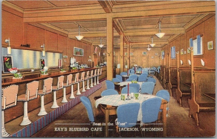Vintage 1939 JACKSON, Wyoming LINEN Postcard KAY'S BLUEBIRD CAFE Interior View