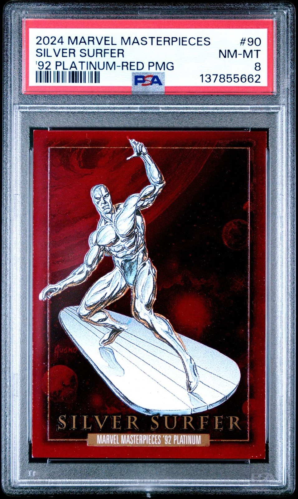2024 Skybox Marvel Masterpieces Silver Surfer 92 Platinum Red PMG /100 PSA 8 