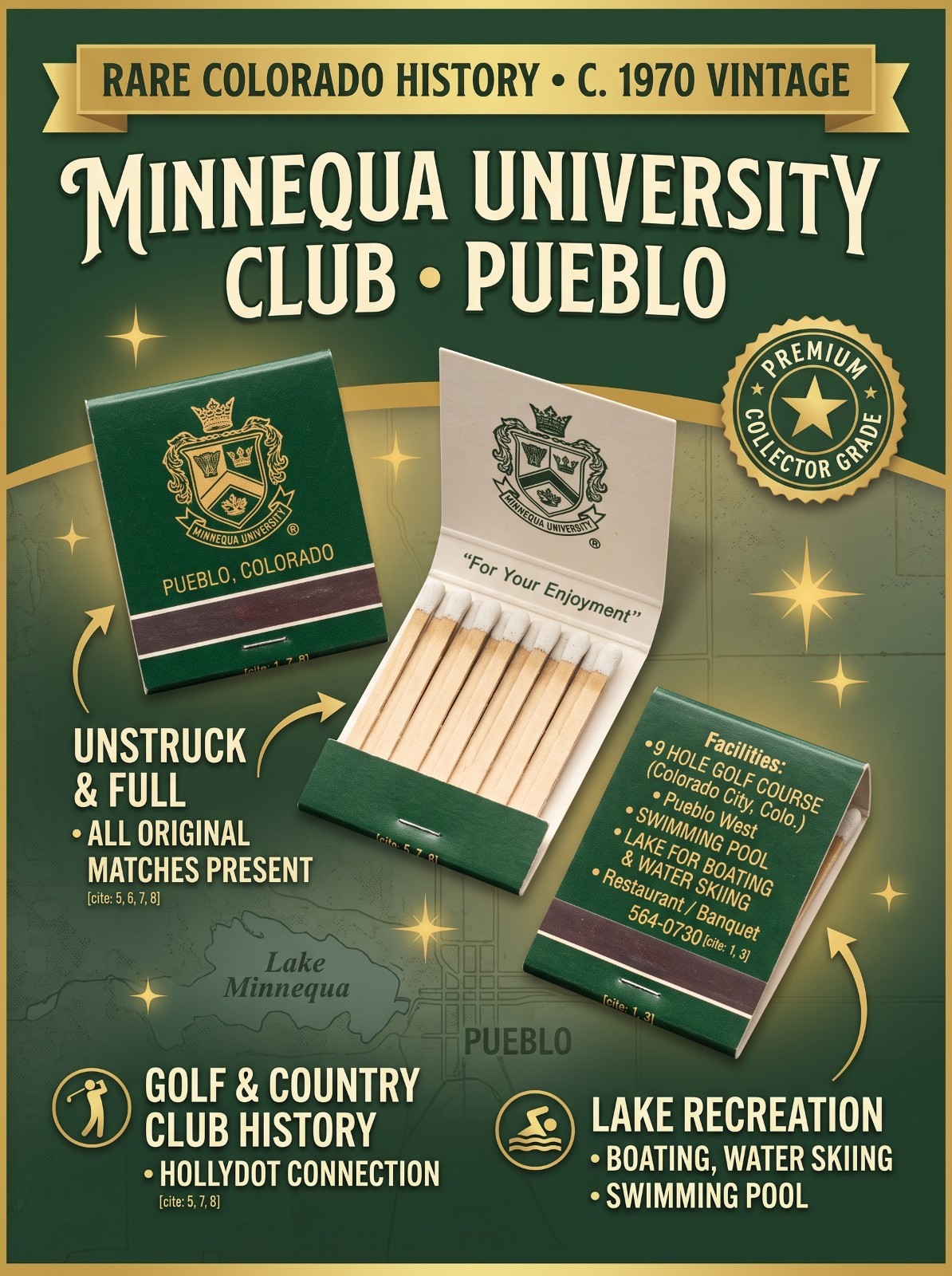 Vintage Minnequa University Club Matchbook Pueblo Colorado Unstruck c 1970 Rare