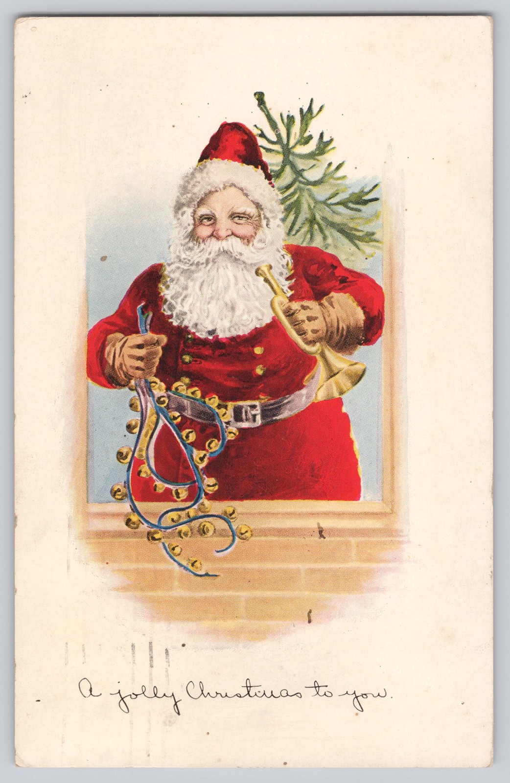 Santa Claus Christmas Postcard c1914 Red Cross Seal -Trumpet Bells
