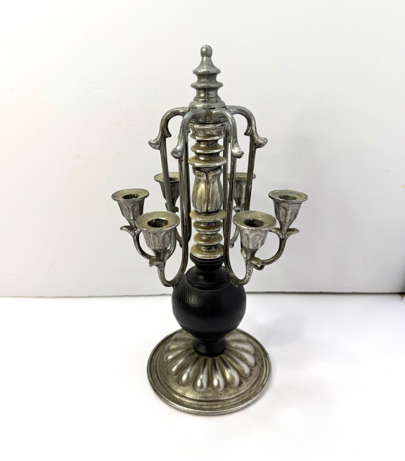 Vintage 6-Arm Candelabra Metal & black toned wood gothic ornate Candle Holder