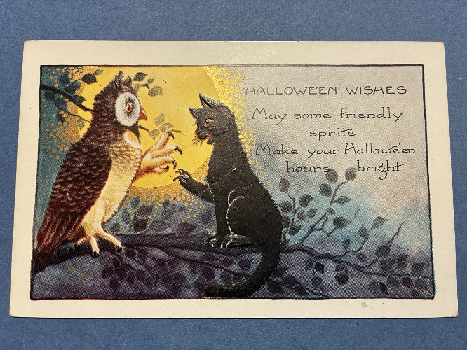 Whitney Made Halloween Greetings Black Cat Owl Vintage Postcard Gold Emb Unused
