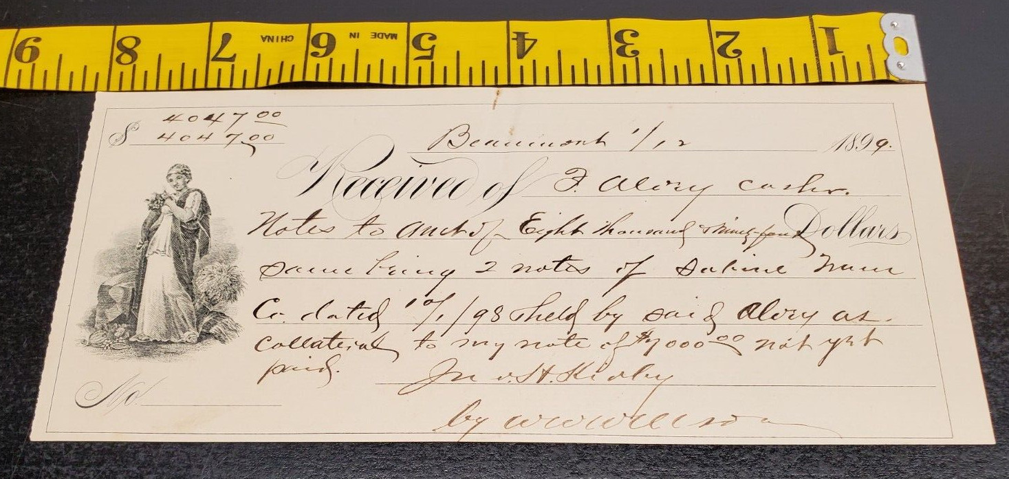 1899 Receipt for notes of $7000 outstanding - Woman in dress by hey graphic