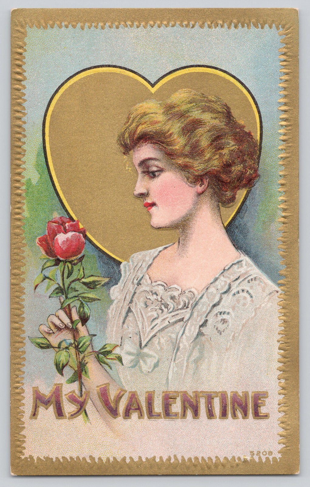 My Valentine Embossed Gilt Postcard Woman Rose Heart c1910 Antique