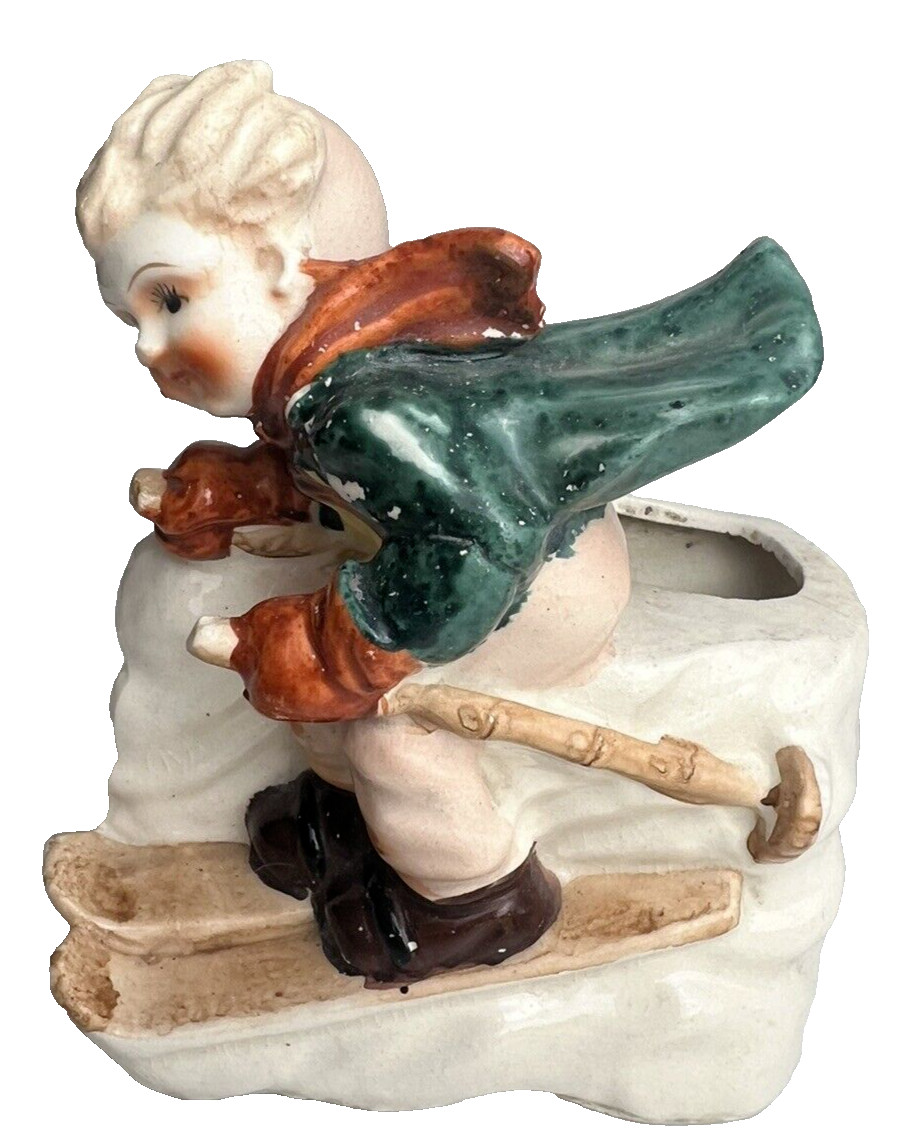Vintage Winter Figurine Skiing Boy Made In Japan Ceramic Planter READ