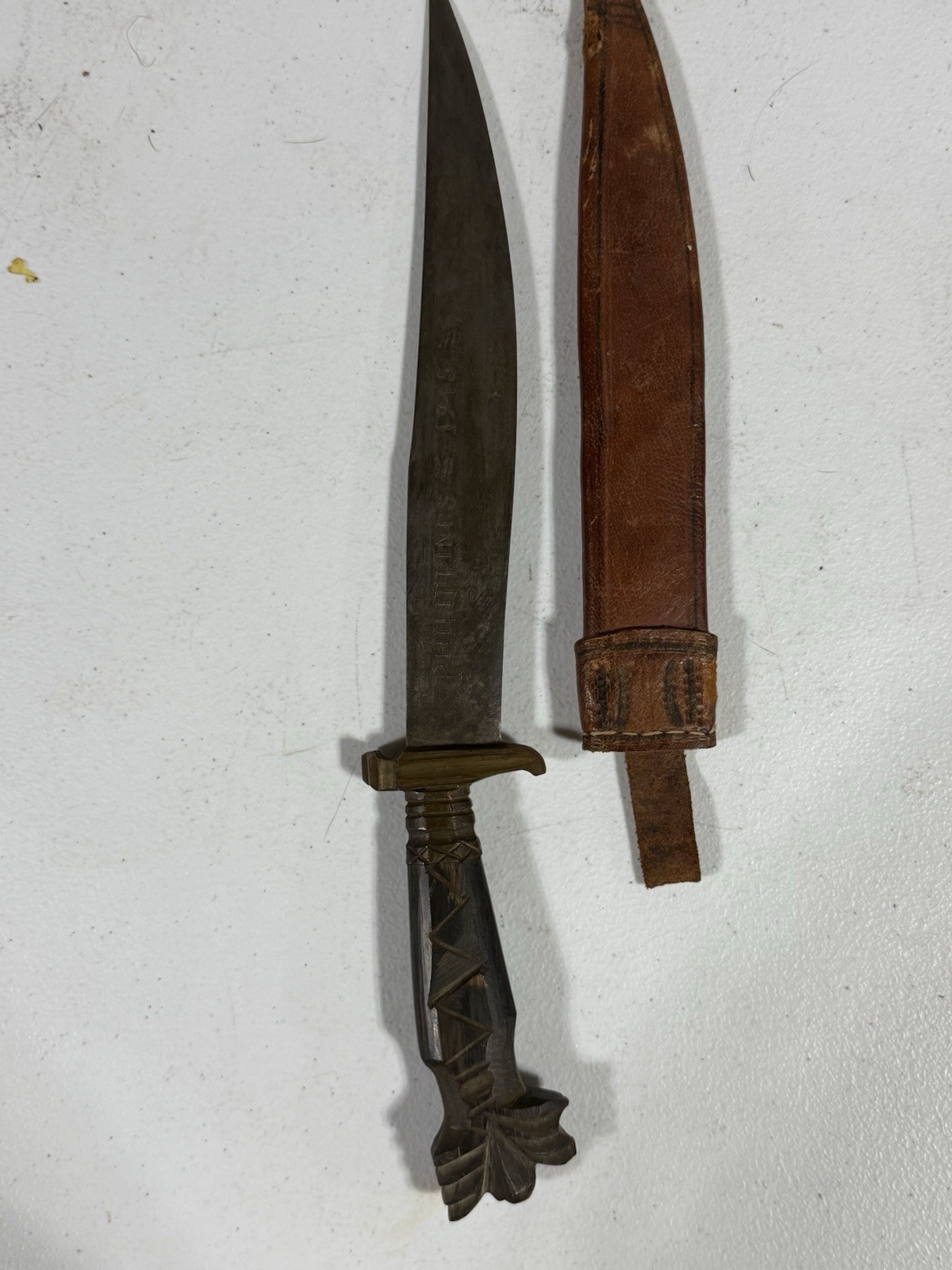 WWII 1945 Philippines Hand-Carved Bolo Knife w/ Original Leather Sheath