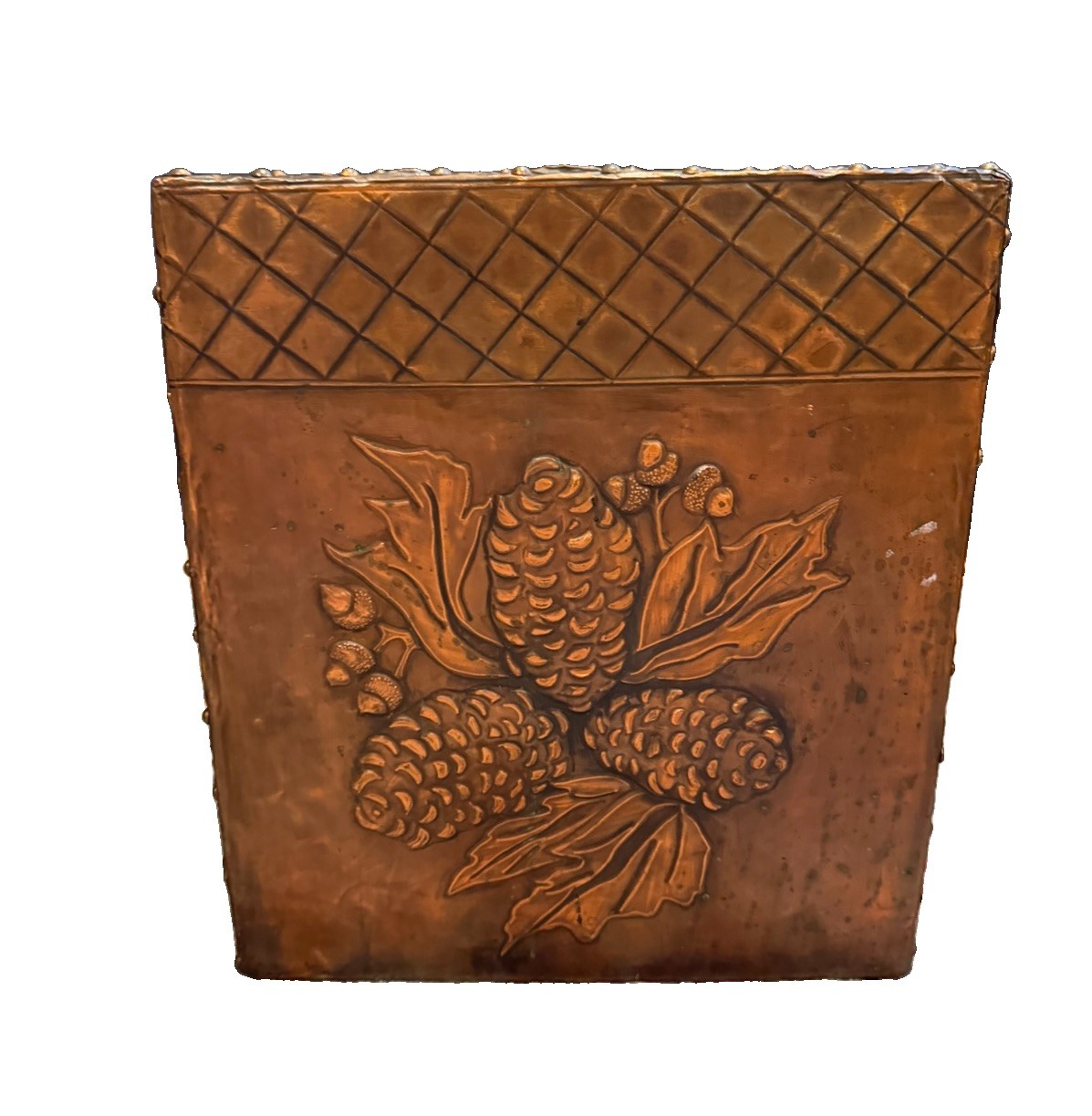 ANTIQUE ART NOUVEAU HAMMERED REPOUSSE COPPER PINECONES UMBRELLA STAND TRASH CAN 