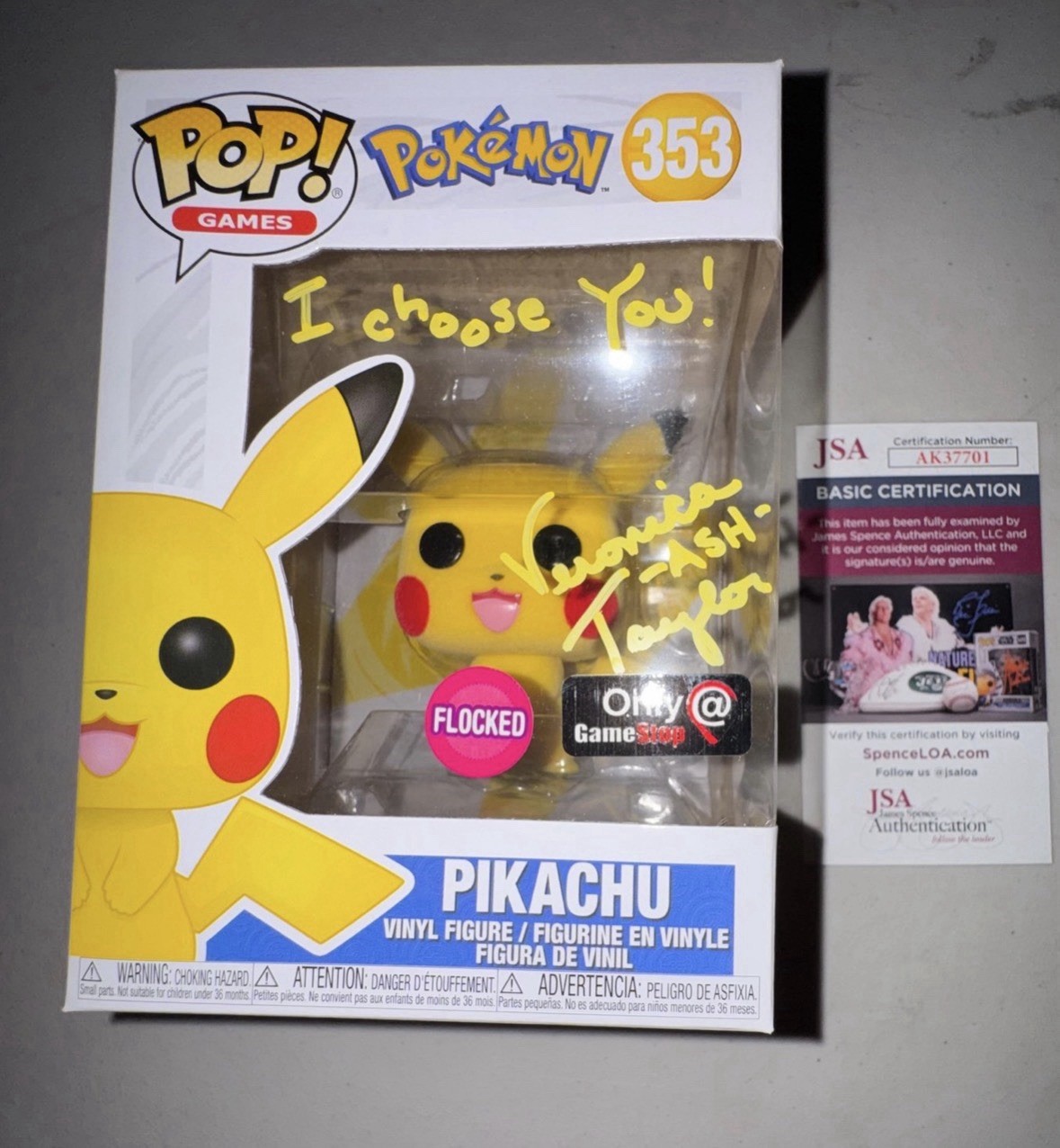Funko POP Pokemon Pikachu Flocked 353 Signed JSA cert Veronica Taylor