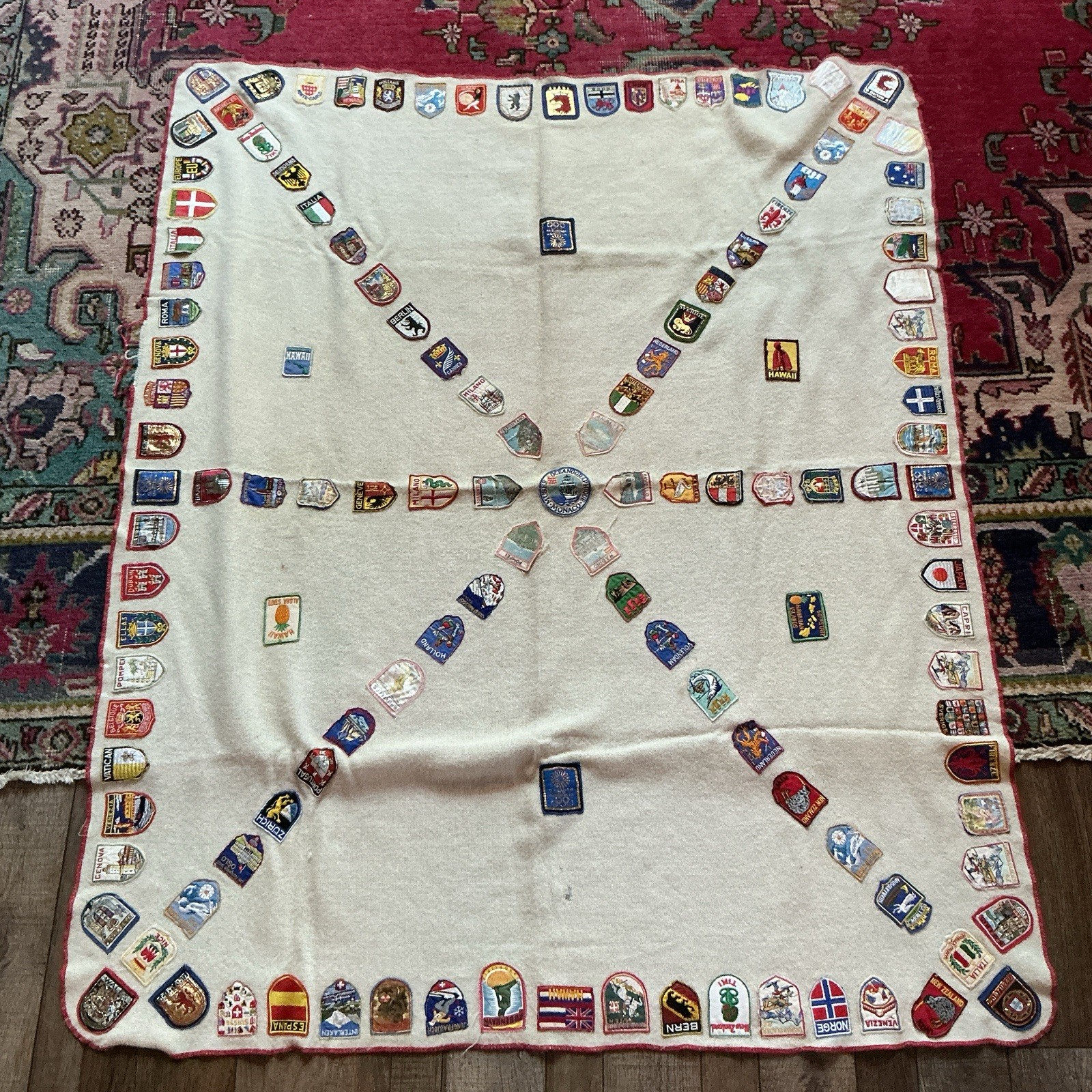 Vintage Continental Airlines Faribault Wool Blanket World Travel Patches 56x48 Vintage Continental Airlines Faribault Wool Blanket World Travel Patches 56x48