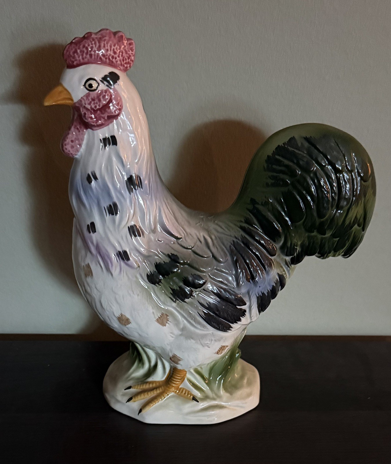 Vintage Glazed Ceramic Spotted Rooster. White Body, Black Spots & Green Tail