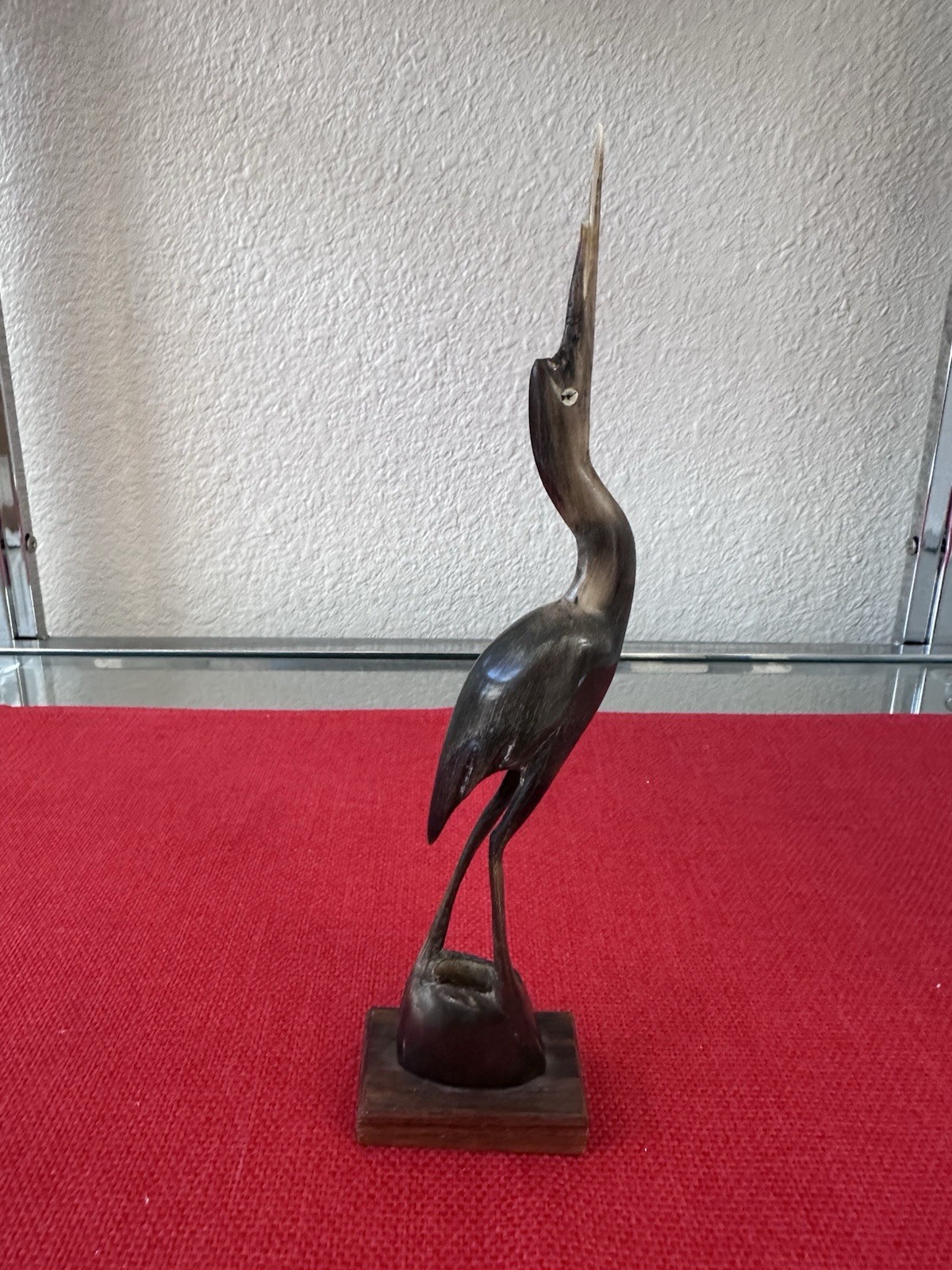 Vintage Hand Carved Horn Heron Egret Bird Statue Wood Base 8