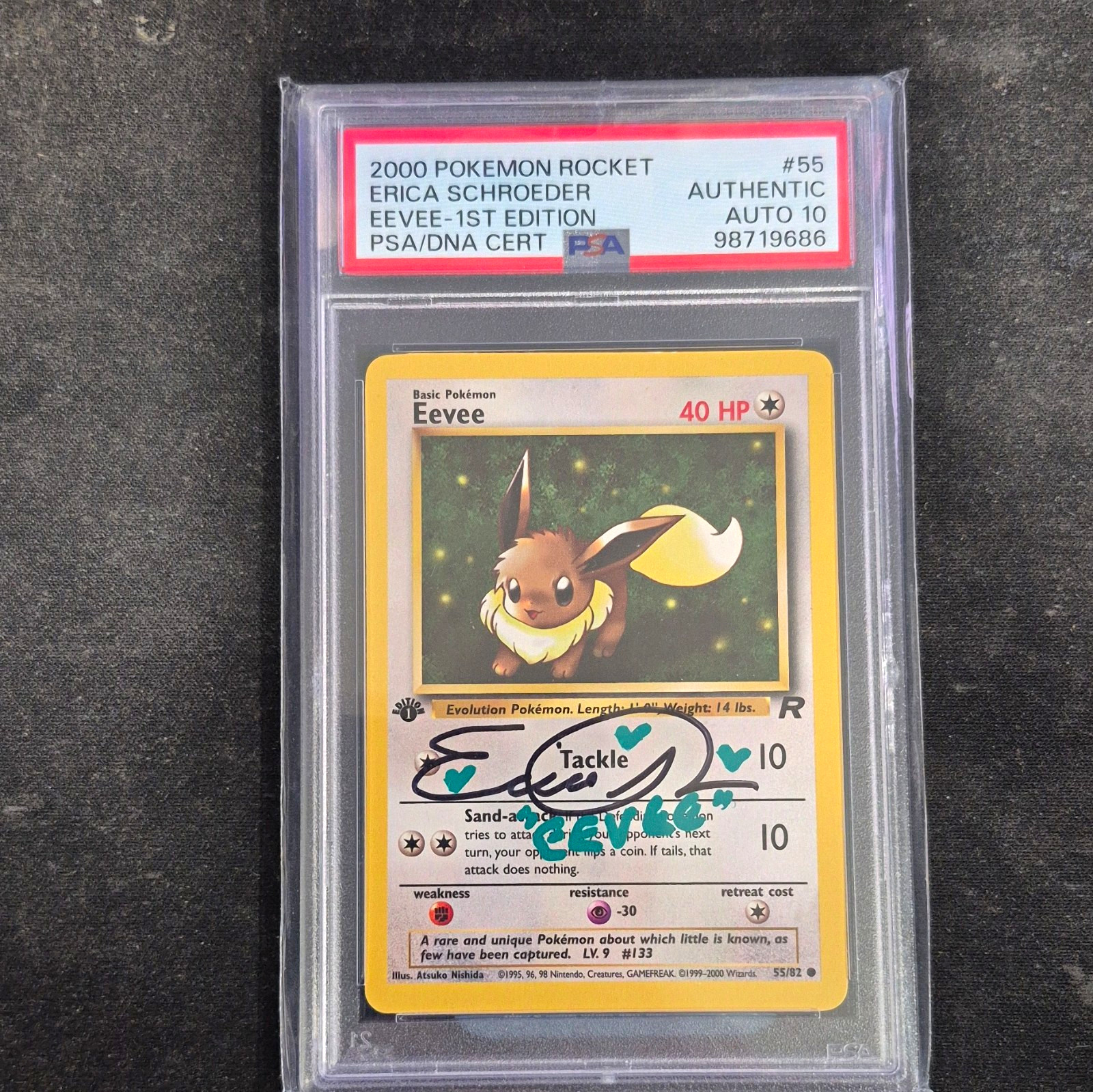2000 Pokémon Team Rocket Eevee 55/82 1st Ed PSA Auto 10 Erica Schroeder