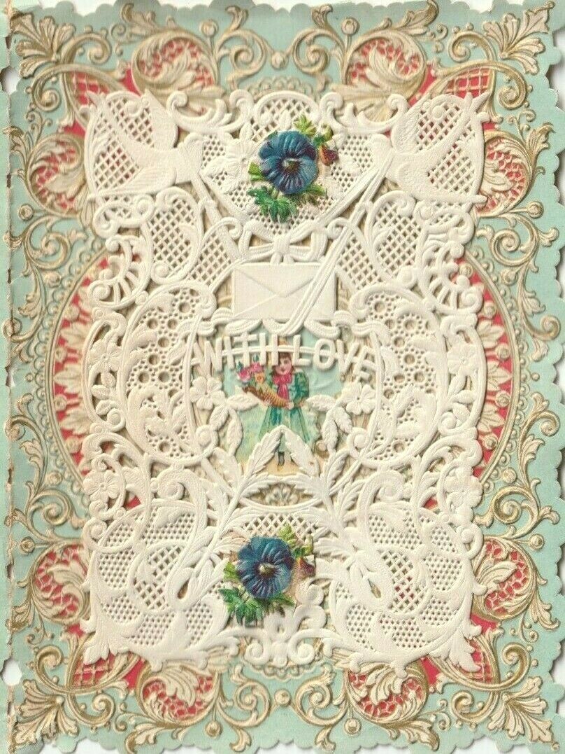 1890s-1910s Original Poem Lace Embossed Gold Gilt Green Love Valentine Love Card