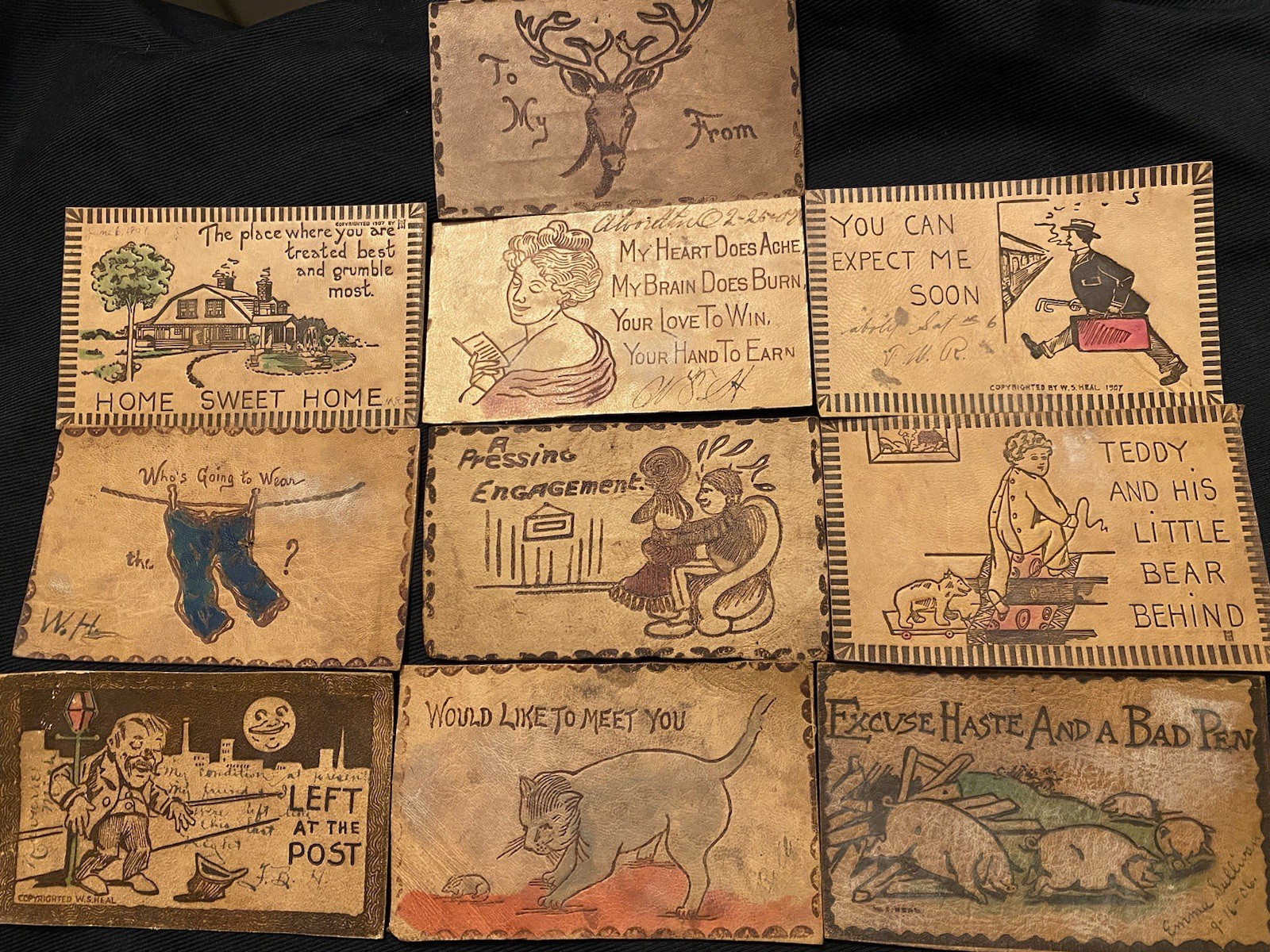 10 Vtg 1900’s Leather Postcard 1  2 Cent Cancelled Stamp Drunk Pig Cat Toy Bear