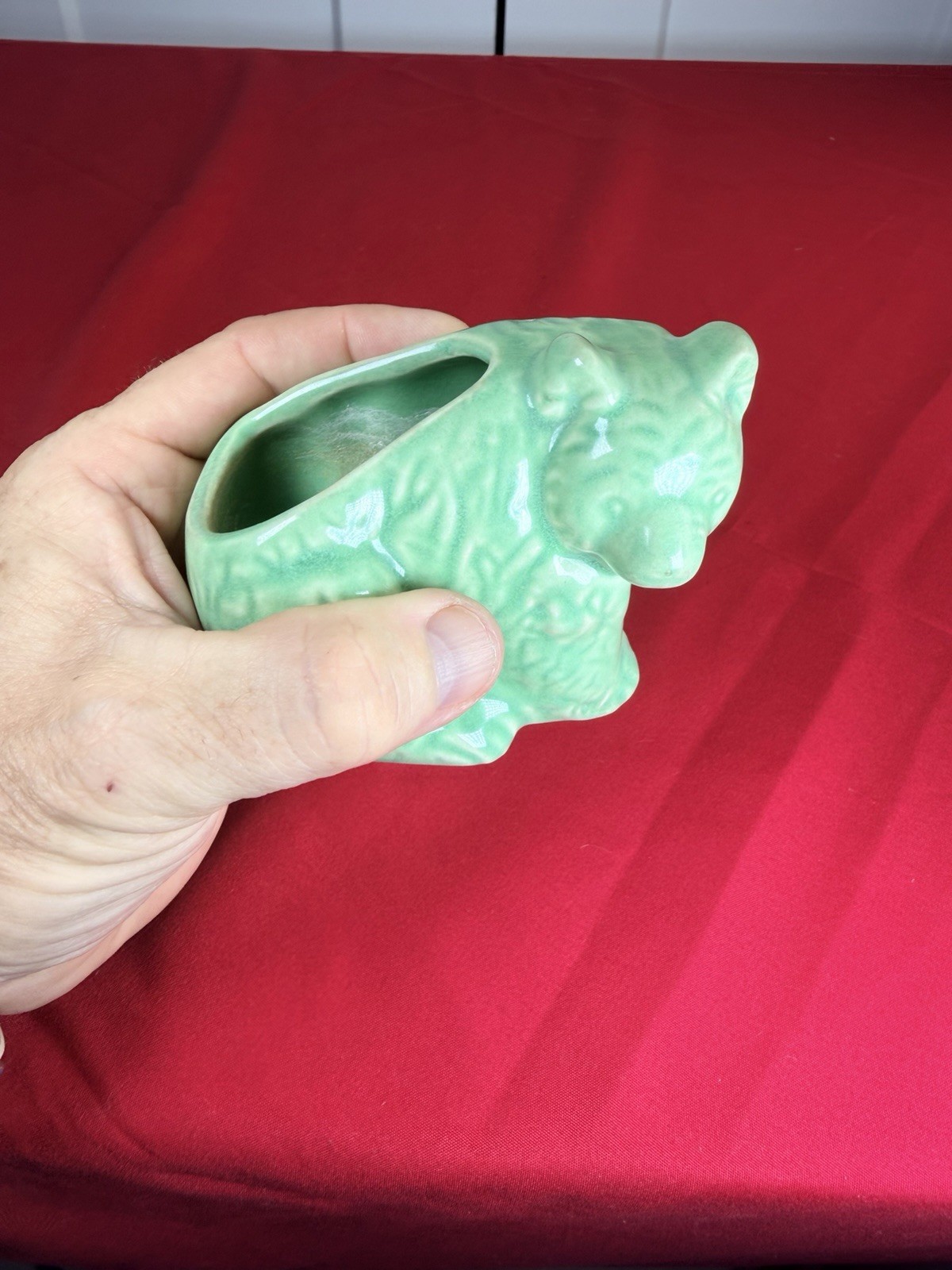 Vtg Morton Pottery Bear Cub Climbing Log Planter Mint Seafoam Green MCM 1950s 4”