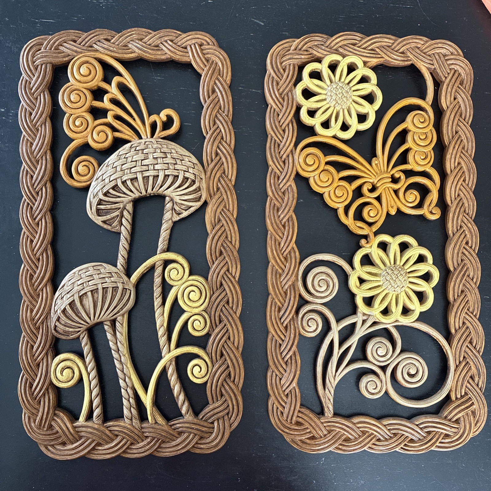 2 Vtg 70s Burwood Plastic Mushroom Butterfly Wall Decor Boho Woodland Wall Art