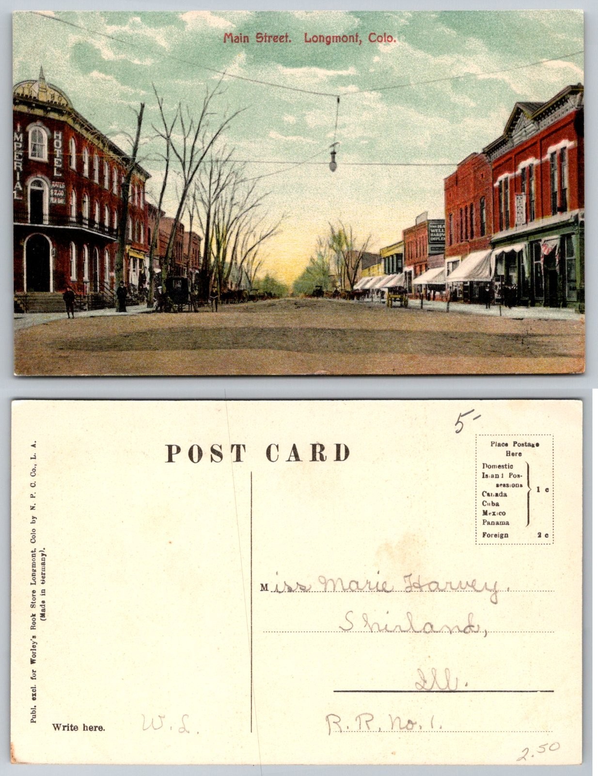 Standard Main Street Longmont Colorado Imperial Hotel Postcard