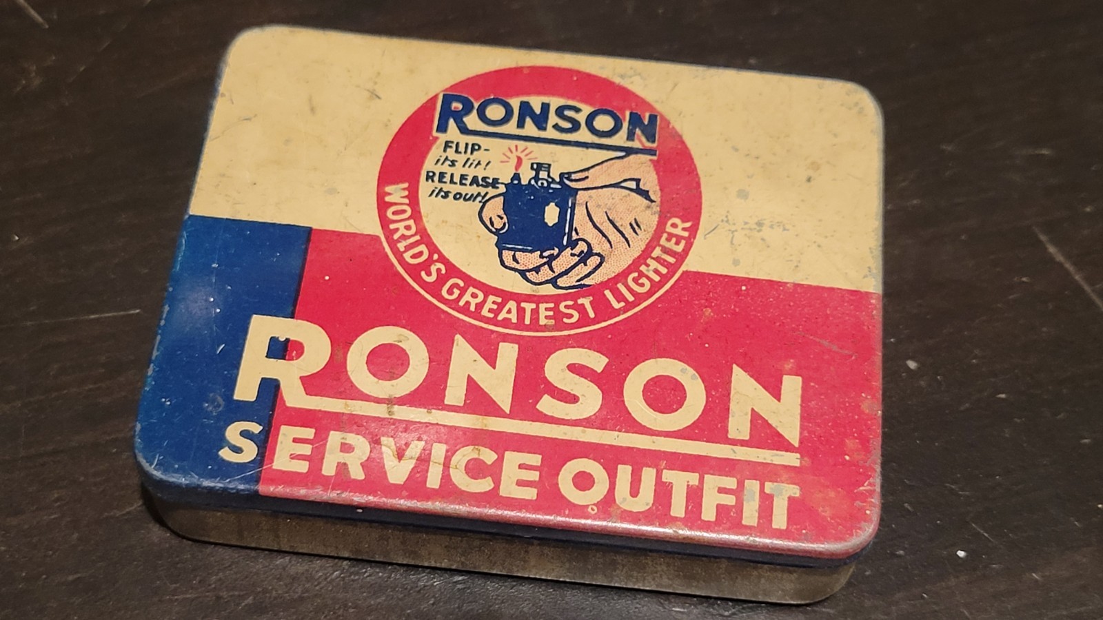 Rare Vintage Ronson Cigarette Lighter Service Outfit Tin Novelty Flint Container