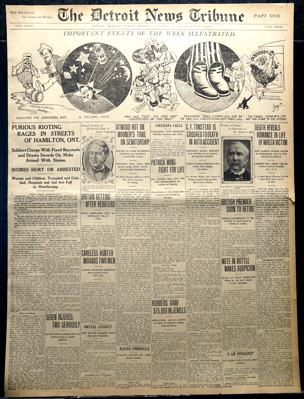 1906 Detroit Newspaper Front Page - Hamilton, Ontario Street Car Strike