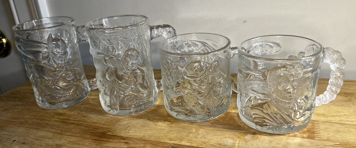 Vintage 1995 McDonalds Batman Forever Glass Mugs Complete Set of 4 DC Comics