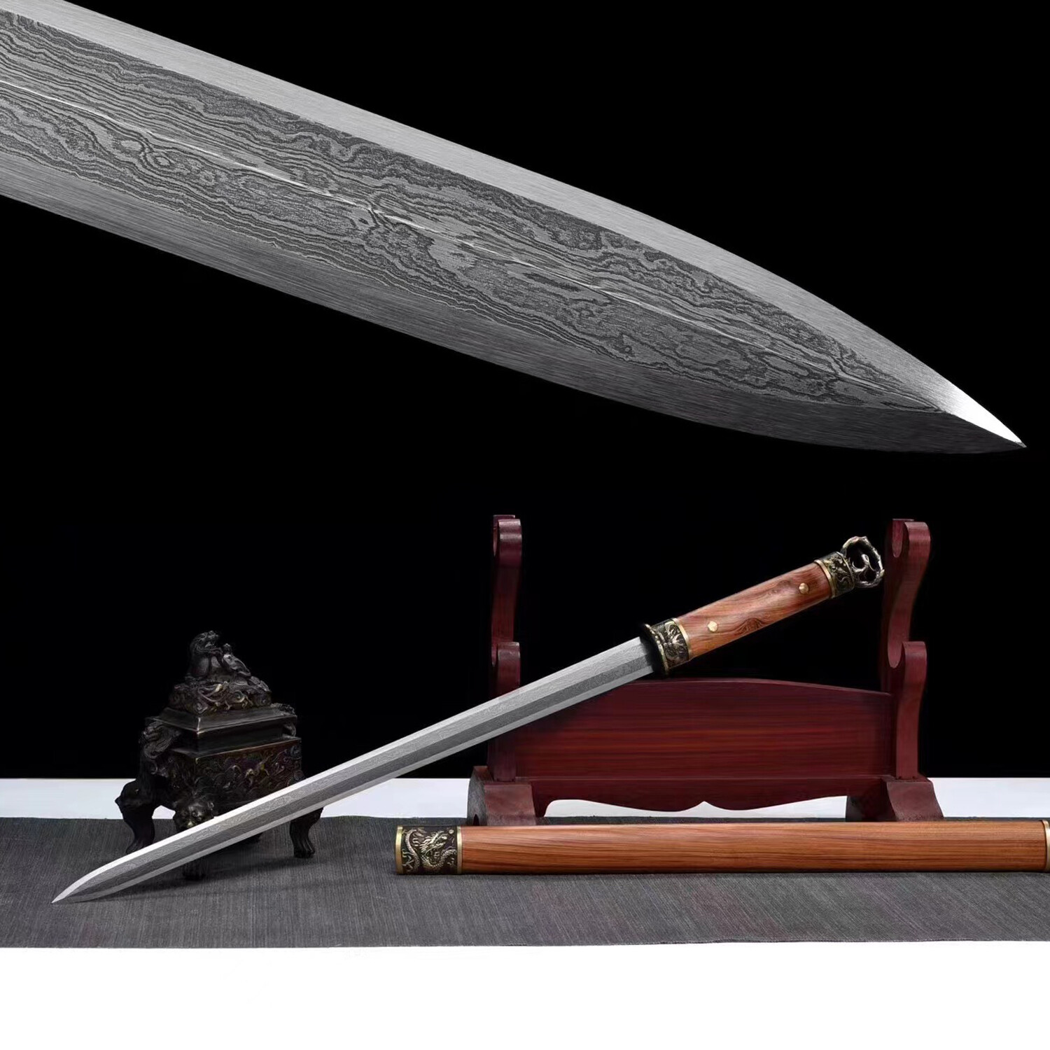 Handmade Chinese Tang Jian Sword Damascus Steel Razor Sharp Dragon Phoenix