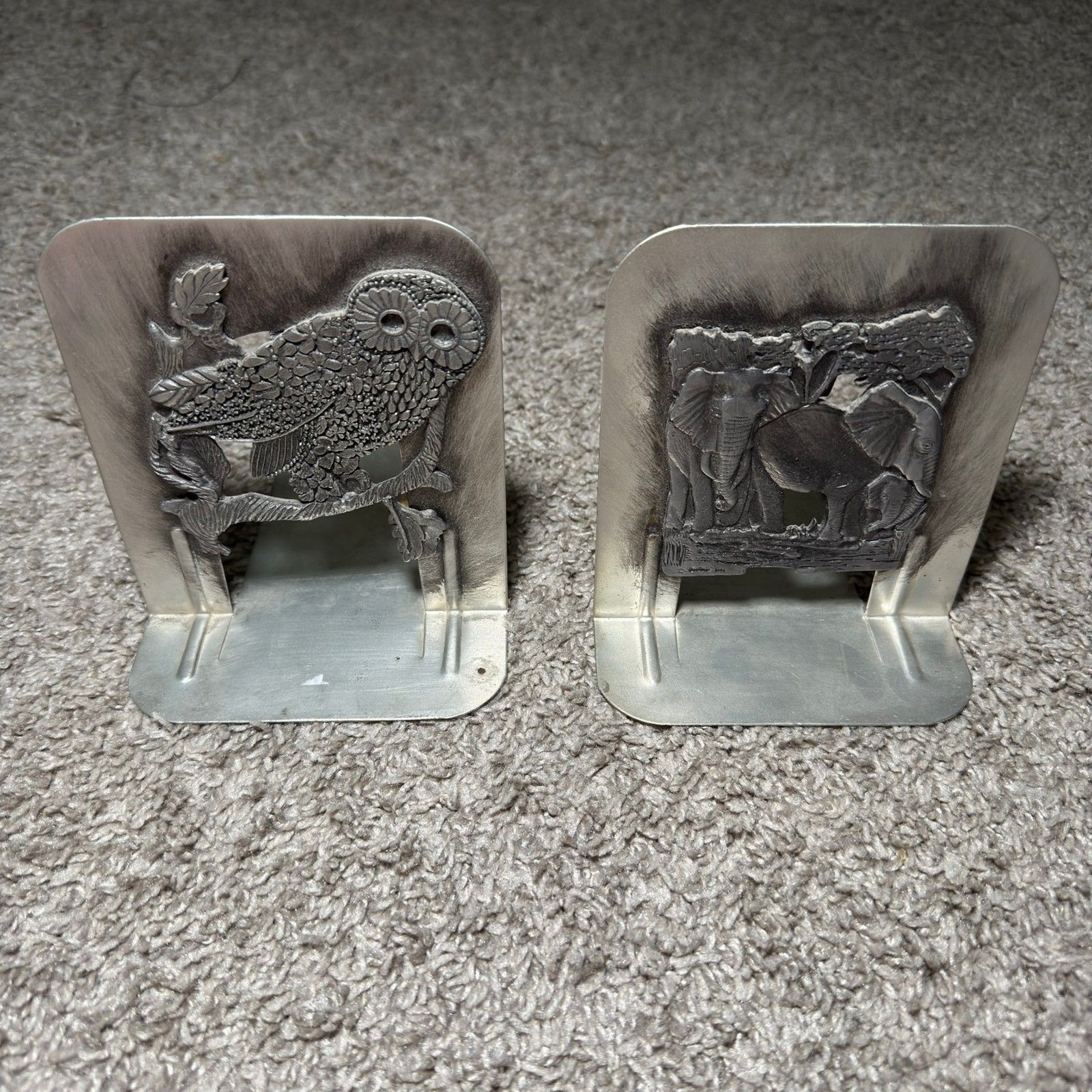 Vintage Metzke Pewter Owl Elephant Bookends 1980s Ornate Aluminum Metal MCM Pair