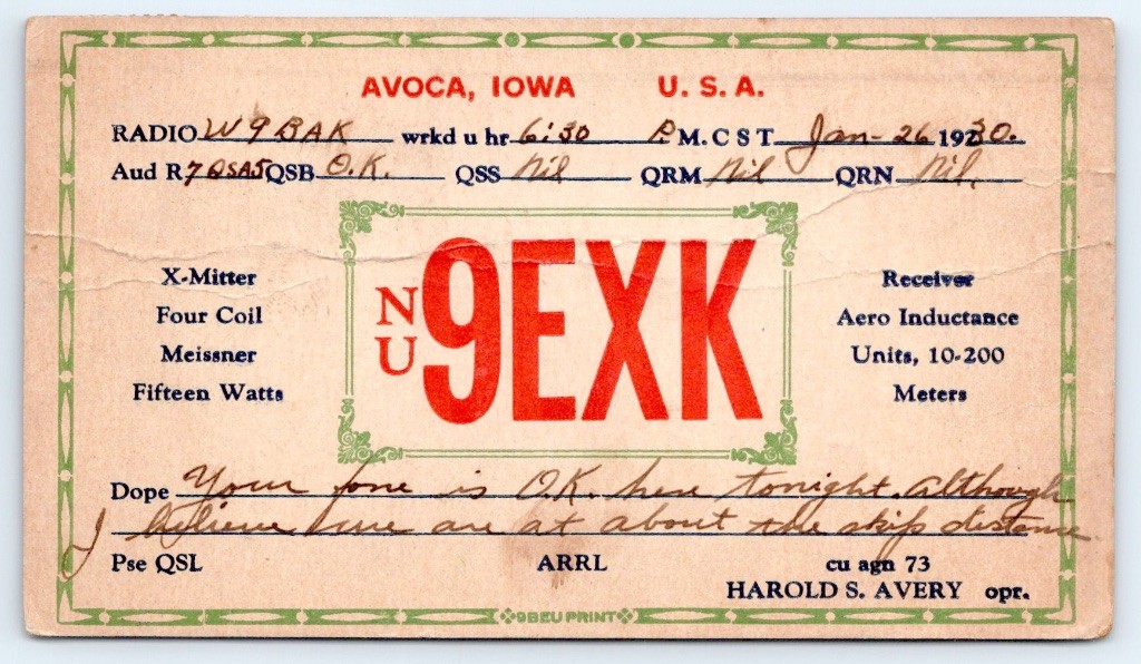 1930 Avoca Iowa Pottawattamie County Harold Avery NU9EXK QSL Ham Radio Card