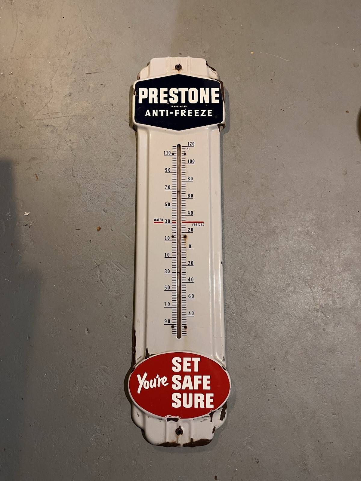 Vintage Original Prestone Anti-Freeze Porcelain Working Thermometer